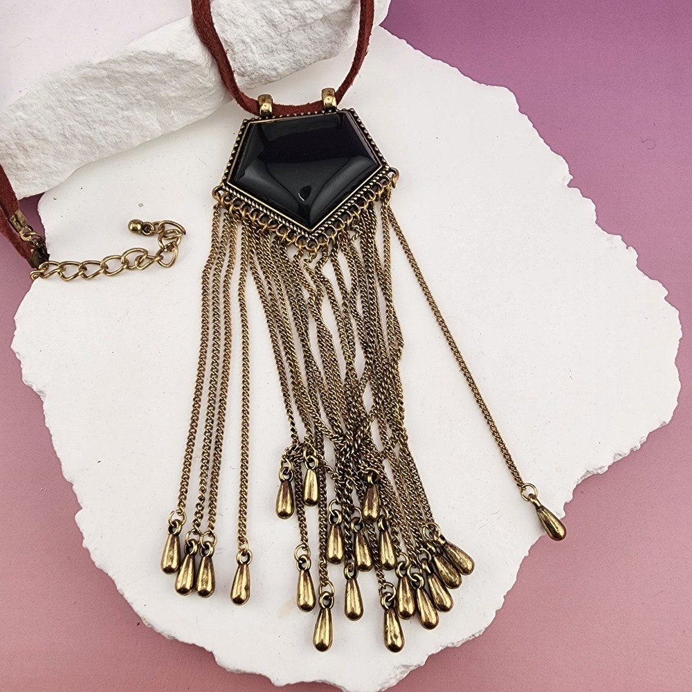 Black Cabochon Fringe Pendant Necklace Antique Gold Tone Brown Suede Boho